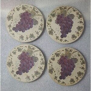 Vintage 4 1/4" Stoneware Coaster - Grape Design - Cute Home Decor set of 4